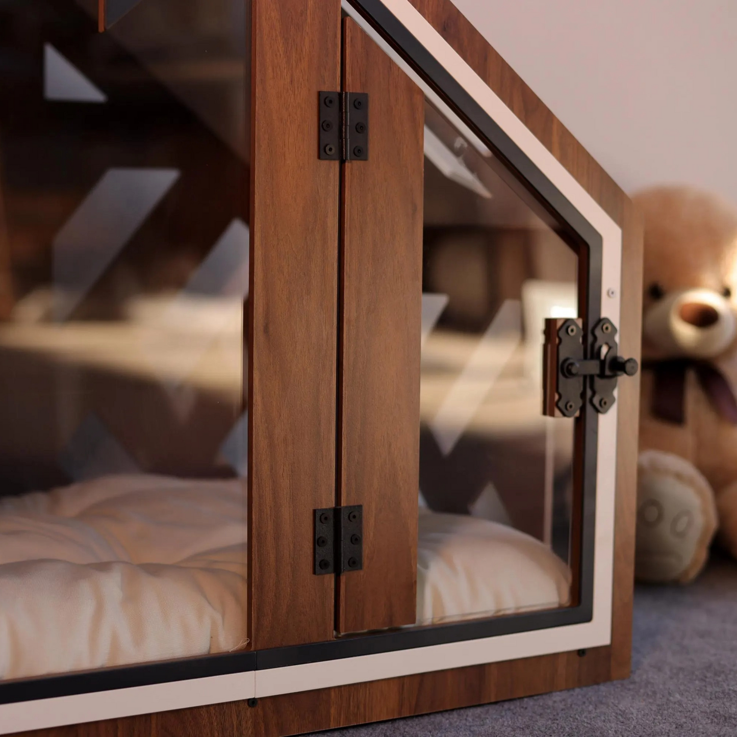 Hundehütte PawLuxe Walnuss Designer aus Holz mit Kissen & wasserfestem Boden für kleine & große Hunde