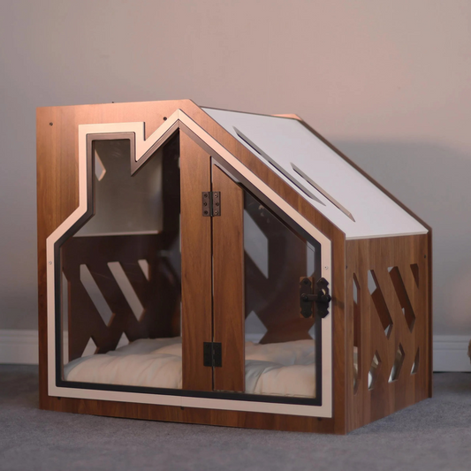 Hundehütte PawLuxe Walnuss Designer aus Holz mit Kissen & wasserfestem Boden für kleine & große Hunde