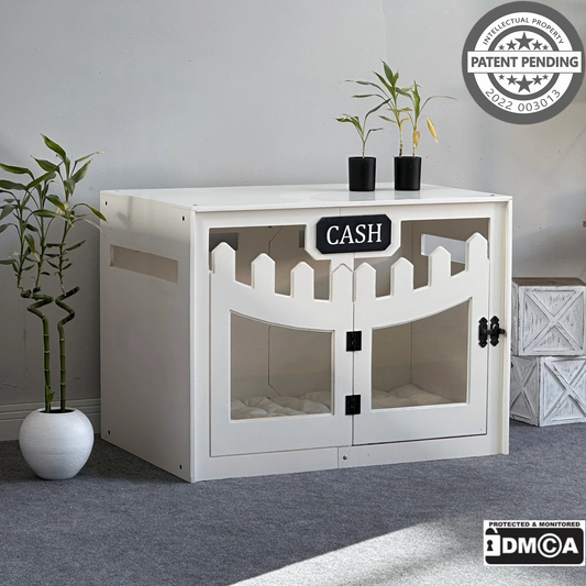 Hundehütte Welano Weiß aus Holz mit personalisiertem Namensschild & Kissen