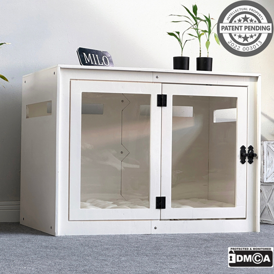 Hundehütte Belano Weiß aus Holz mit personalisiertem Namensschild & Kissen