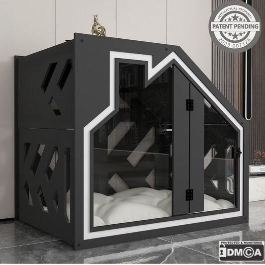 Hundehütte PawLuxe Dunklegrau Designer aus Holz mit Kissen & wasserfestem Boden für kleine & große Hunde