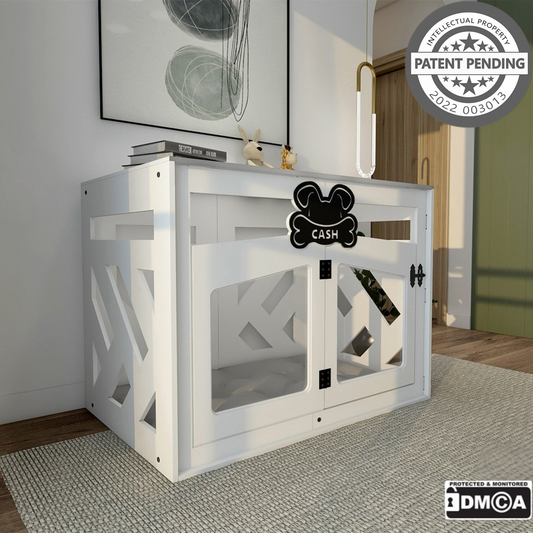 Hundehütte Pawloft B Weiß aus Holz mit personalisiertem Namensschild & Kissen
