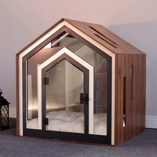 Hundehütte Calmo Walnuss aus Holz mit Kissen & wasserfestem Boden für kleine & große Hunde