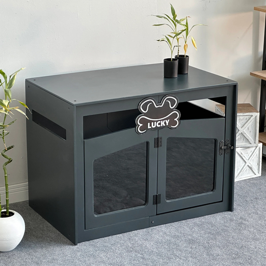 Hundehütte Pawloft Dunkelgrau aus Holz mit personalisiertem Namensschild & Kissen