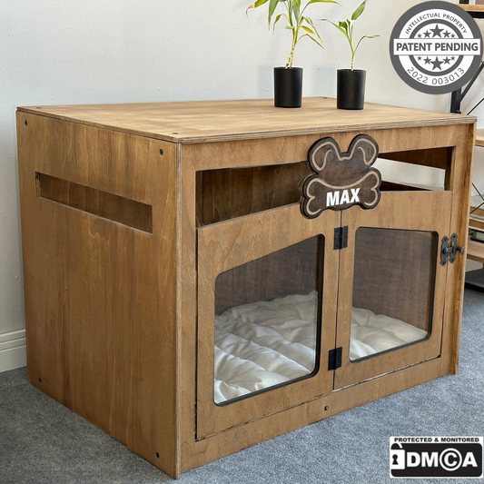 Hundehütte Pawloft Walnuss aus Holz mit personalisiertem Namensschild & Kissen