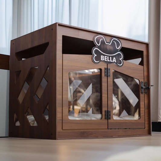 Hundehütte Pawloft B Walnuss aus Holz mit personalisiertem Namensschild & Kissen
