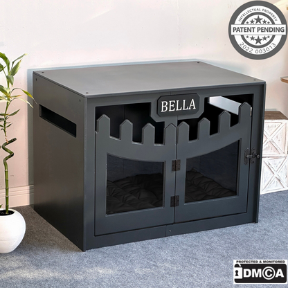 Hundehütte Welano Dunkelgrau aus Holz mit personalisiertem Namensschild & Kissen