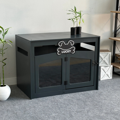 Hundehütte Pawloft Dunkelgrau aus Holz mit personalisiertem Namensschild & Kissen