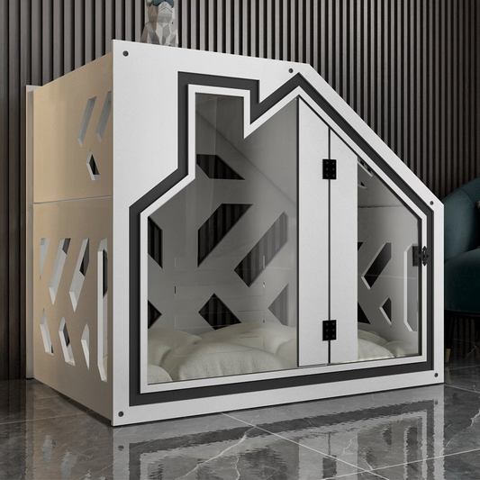 Hundehütte PawLuxe Weiss Designer aus Holz mit Kissen & wasserfestem Boden für kleine & große Hunde