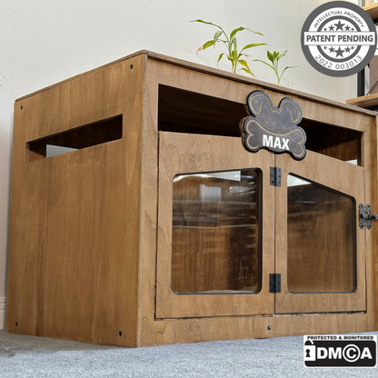 Hundehütte Pawloft Walnuss aus Holz mit personalisiertem Namensschild & Kissen