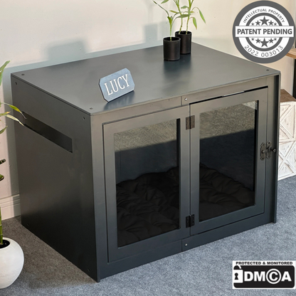 Hundehütte Belano Dunkelgrau aus Holz mit personalisiertem Namensschild & Kissen
