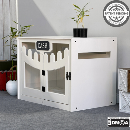 Hundehütte Welano Weiß aus Holz mit personalisiertem Namensschild & Kissen