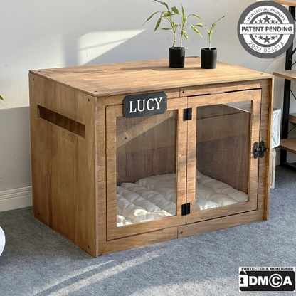 Hundehütte Belano Walnuss aus Holz mit personalisiertem Namensschild & Kissen