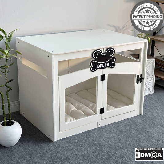 Hundehütte Pawloft Weiß aus Holz mit personalisiertem Namensschild & Kissen