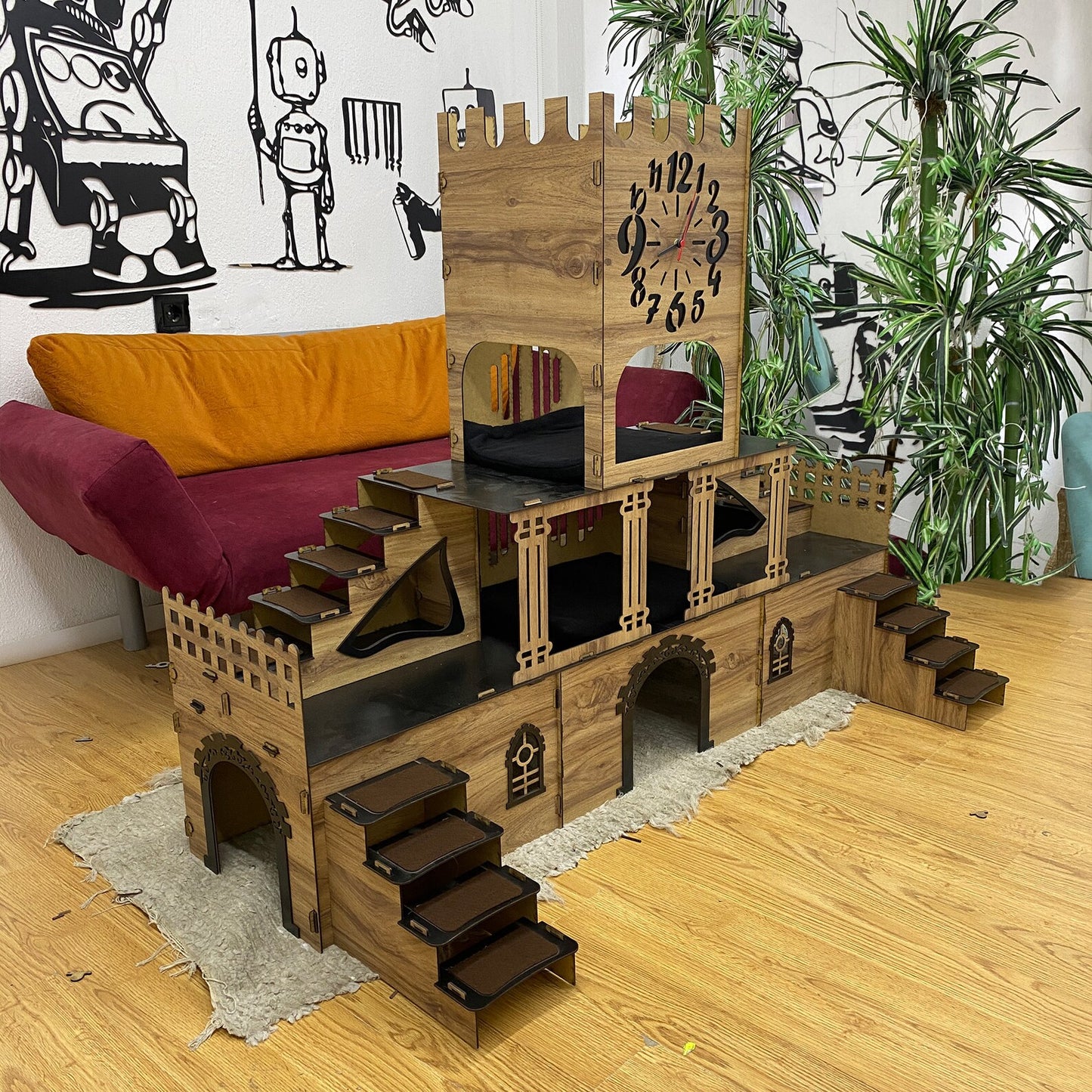 Kaninchenburg mit Uhrturm – 3 Etagen aus Holz