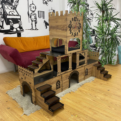 Kaninchenburg mit Uhrturm – 3 Etagen aus Holz