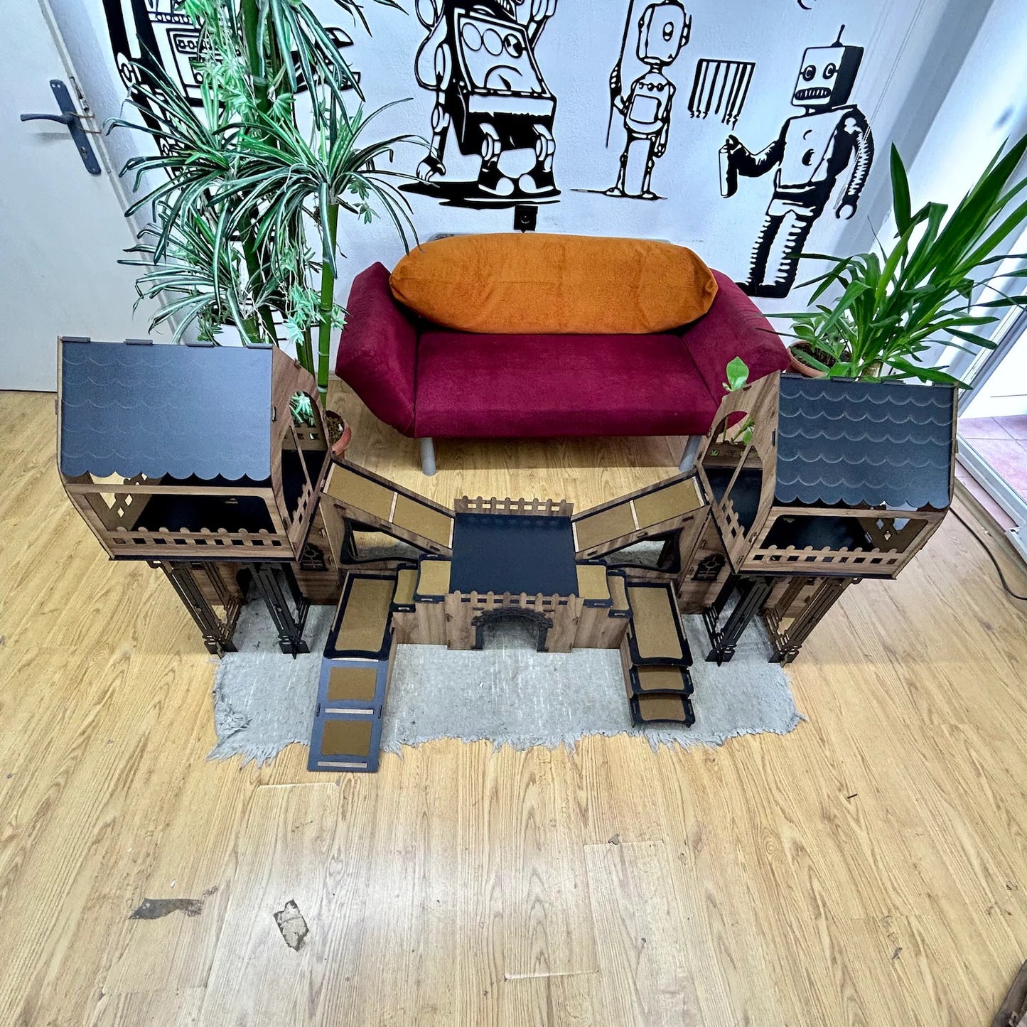 ROOFED Kaninchenstall – 3-stöckiges Hasenhaus mit Holzbrücke & Terrasse für 4 Kaninchen