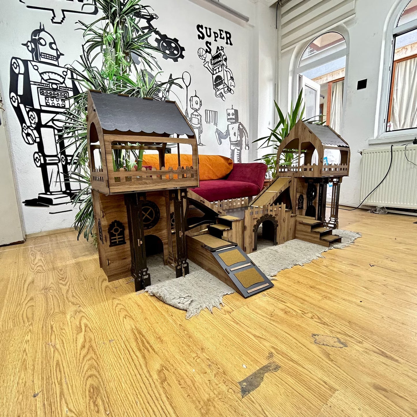 ROOFED Kaninchenstall – 3-stöckiges Hasenhaus mit Holzbrücke & Terrasse für 4 Kaninchen
