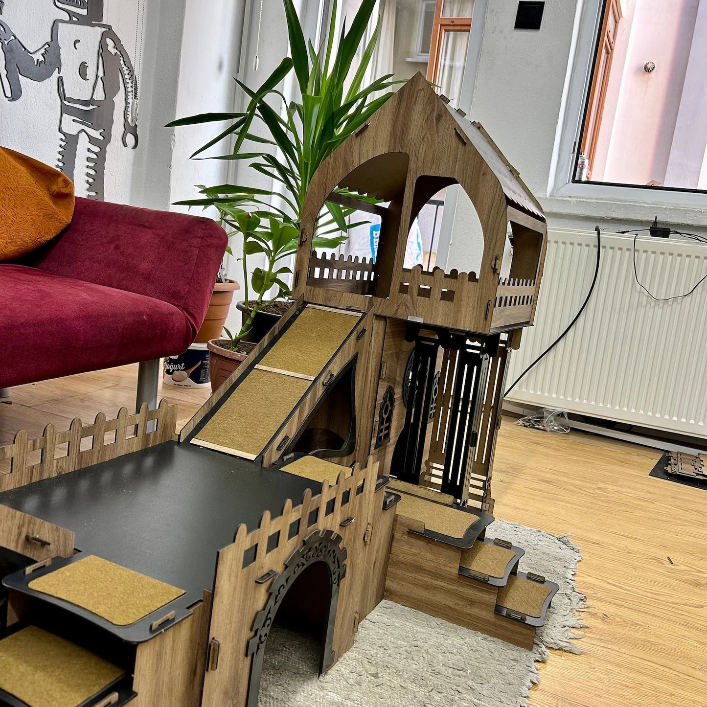 ROOFED Kaninchenstall – 3-stöckiges Hasenhaus mit Holzbrücke & Terrasse für 4 Kaninchen