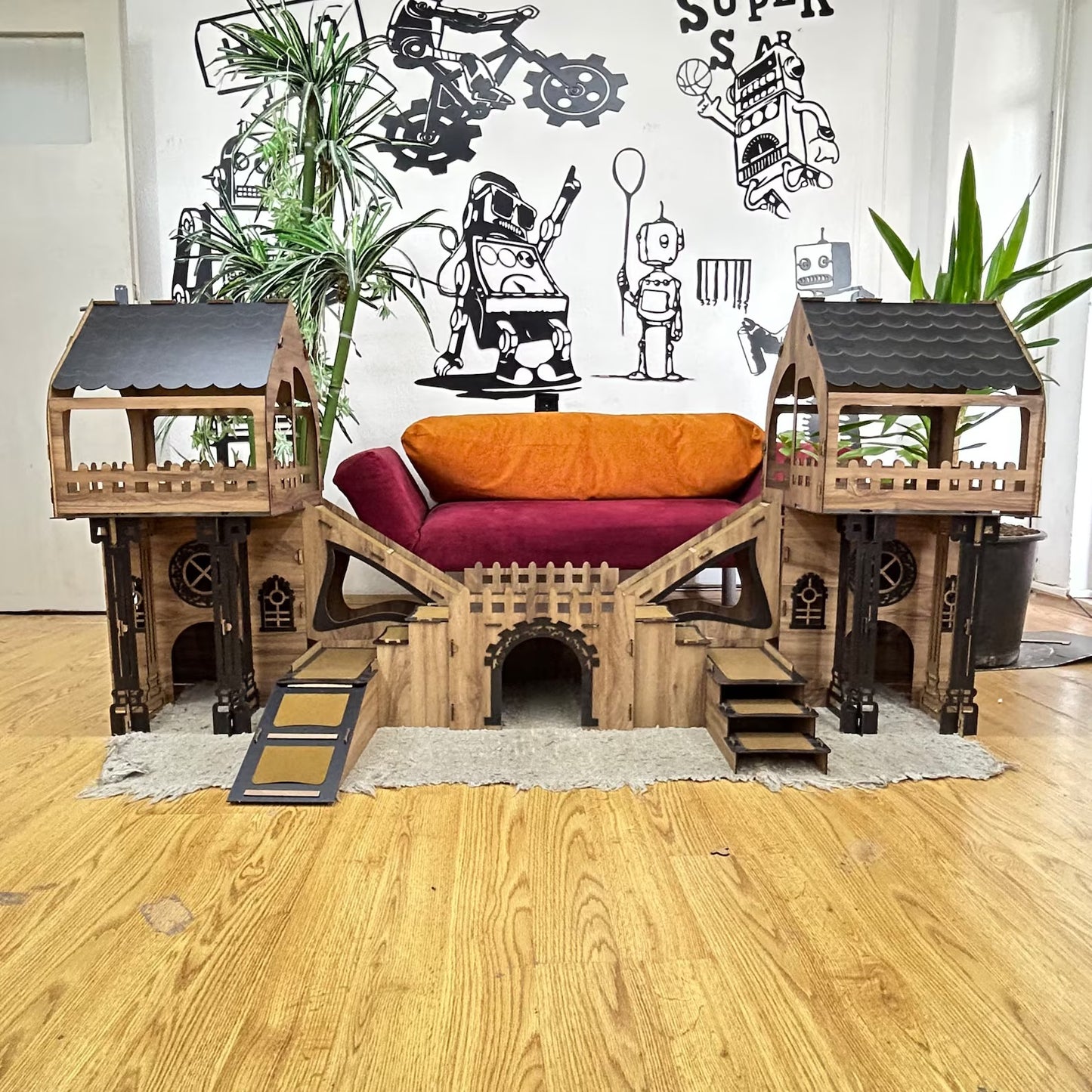 ROOFED Kaninchenstall – 3-stöckiges Hasenhaus mit Holzbrücke & Terrasse für 4 Kaninchen