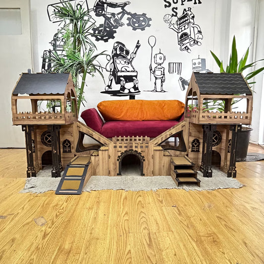 ROOFED Kaninchenstall – 3-stöckiges Hasenhaus mit Holzbrücke & Terrasse für 4 Kaninchen
