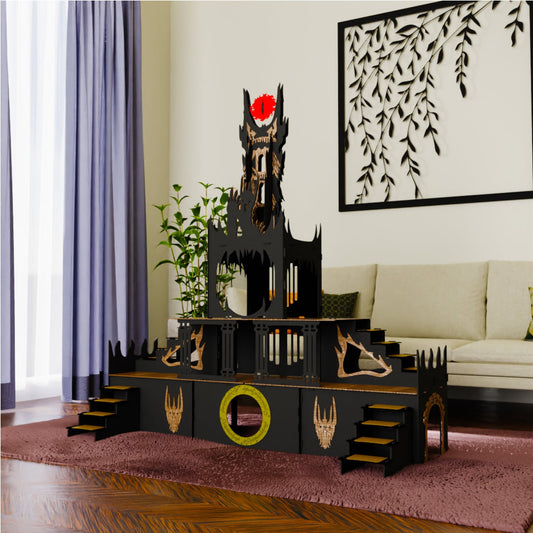 Saurons Auge – Dreistöckiger Kätzchen/Kaninchenstall im Herr-der-Ringe-Design (zerlegbar, handgefertigt, 160 cm hoch)