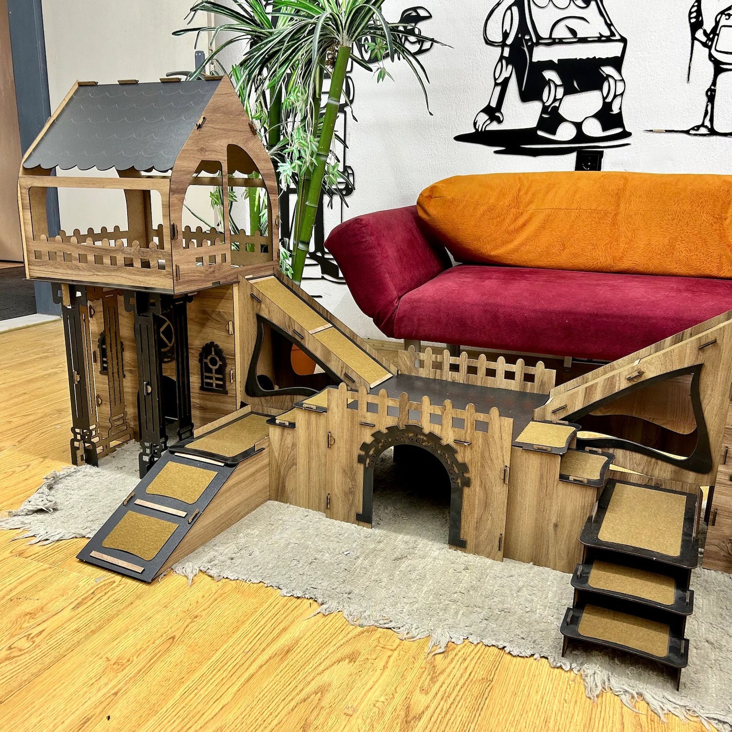 ROOFED Kaninchenstall – 3-stöckiges Hasenhaus mit Holzbrücke & Terrasse für 4 Kaninchen