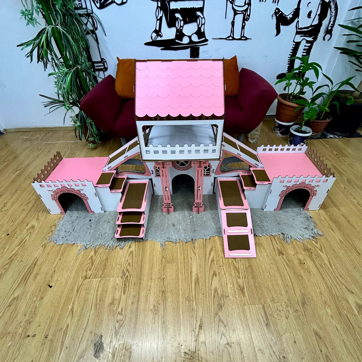 COLONY Hasenstall 3 Etagen mit Terrasse & Brücke - weiß/pink
