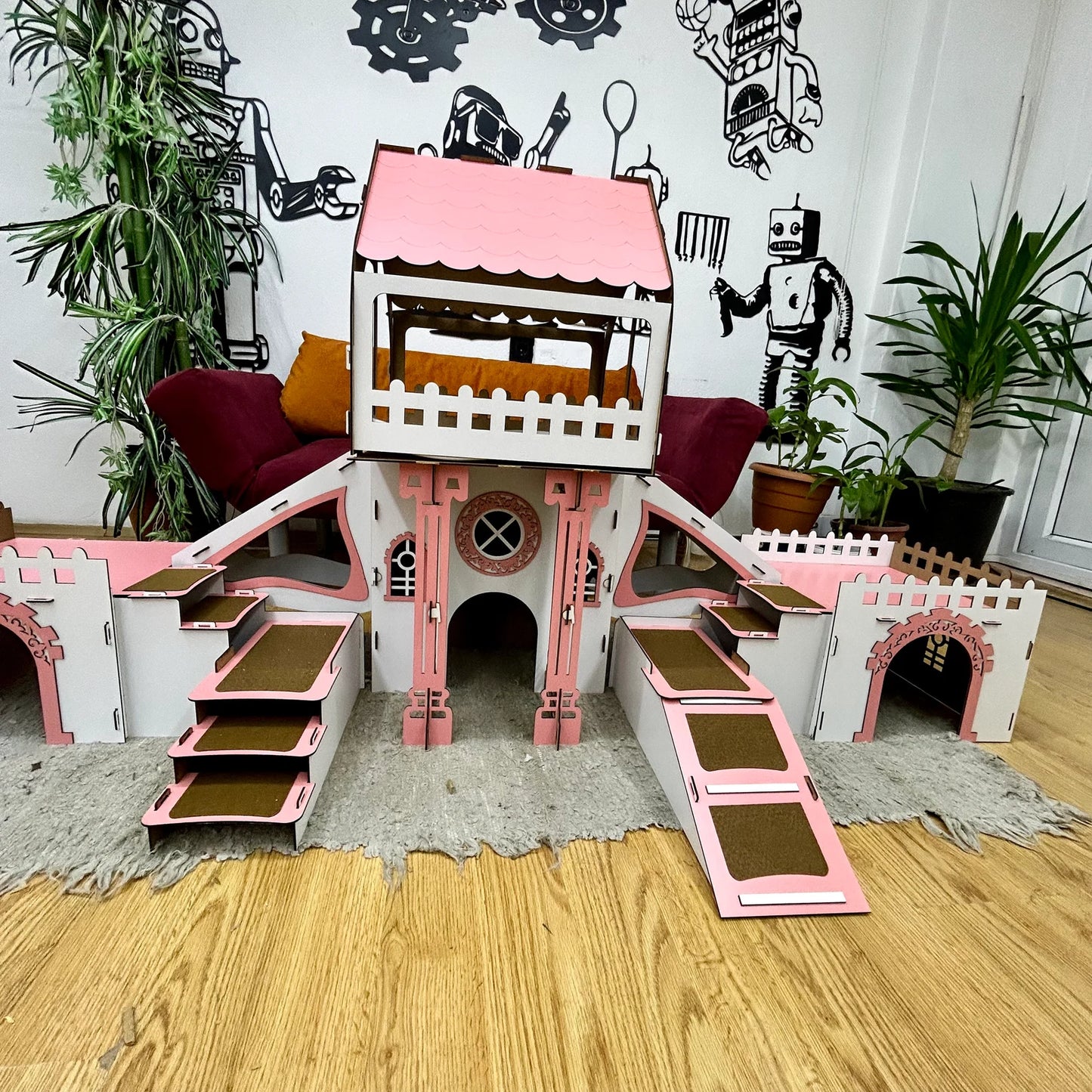 COLONY Hasenstall 3 Etagen mit Terrasse & Brücke - weiß/pink