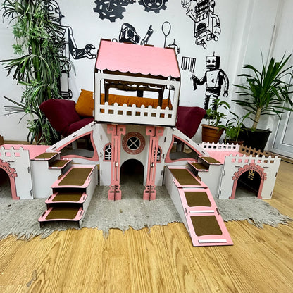 COLONY Hasenstall 3 Etagen mit Terrasse & Brücke - weiß/pink