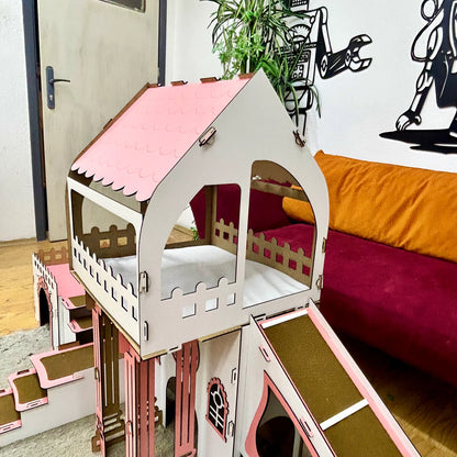 COLONY Hasenstall 3 Etagen mit Terrasse & Brücke - weiß/pink