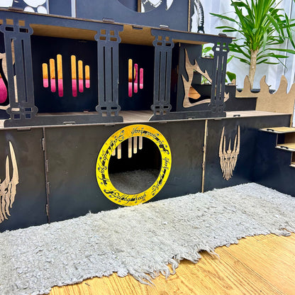 Saurons Auge – Dreistöckiger Kätzchen/Kaninchenstall im Herr-der-Ringe-Design (zerlegbar, handgefertigt, 160 cm hoch)
