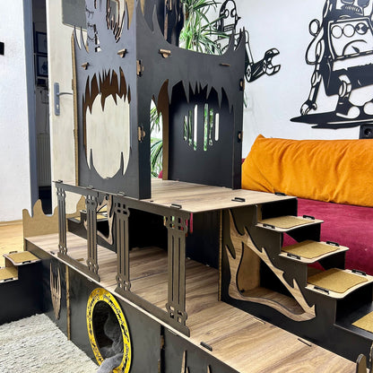 Saurons Auge – Dreistöckiger Kätzchen/Kaninchenstall im Herr-der-Ringe-Design (zerlegbar, handgefertigt, 160 cm hoch)