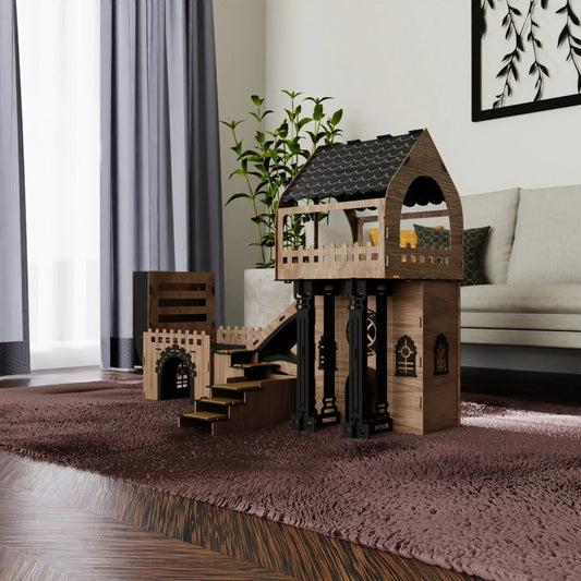 Triplex Kätzchen/Kaninchenpalais – Stilvoller Luxus für kleine Entdecker - eiche/schwarz