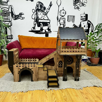 Triplex Kätzchen/Kaninchenpalais – Stilvoller Luxus für kleine Entdecker - eiche/schwarz
