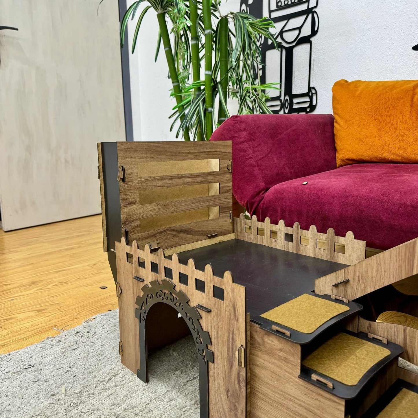 Triplex Kätzchen/Kaninchenpalais – Stilvoller Luxus für kleine Entdecker - eiche/schwarz