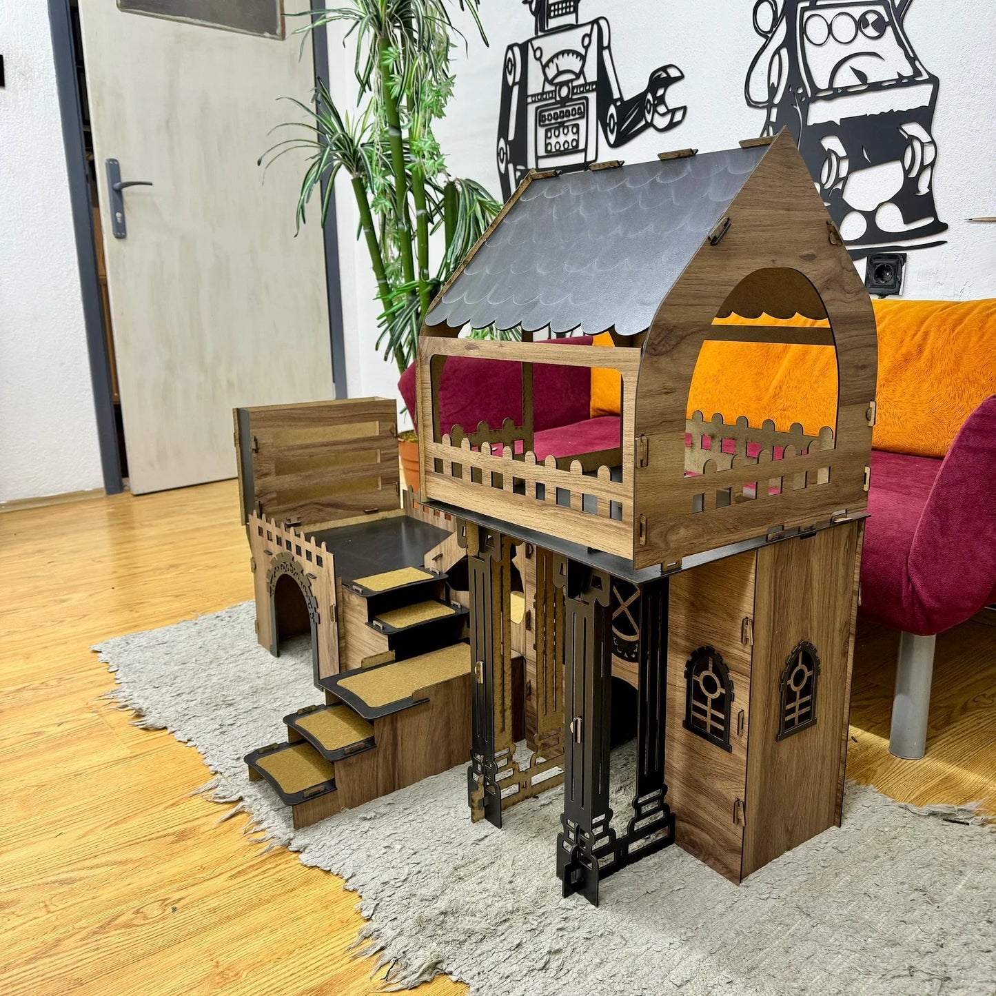 Triplex Kätzchen/Kaninchenpalais – Stilvoller Luxus für kleine Entdecker - eiche/schwarz