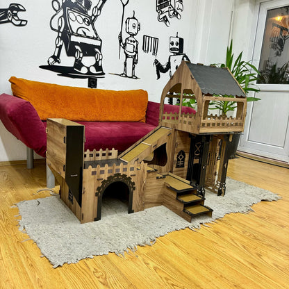 Triplex Kätzchen/Kaninchenpalais – Stilvoller Luxus für kleine Entdecker - eiche/schwarz