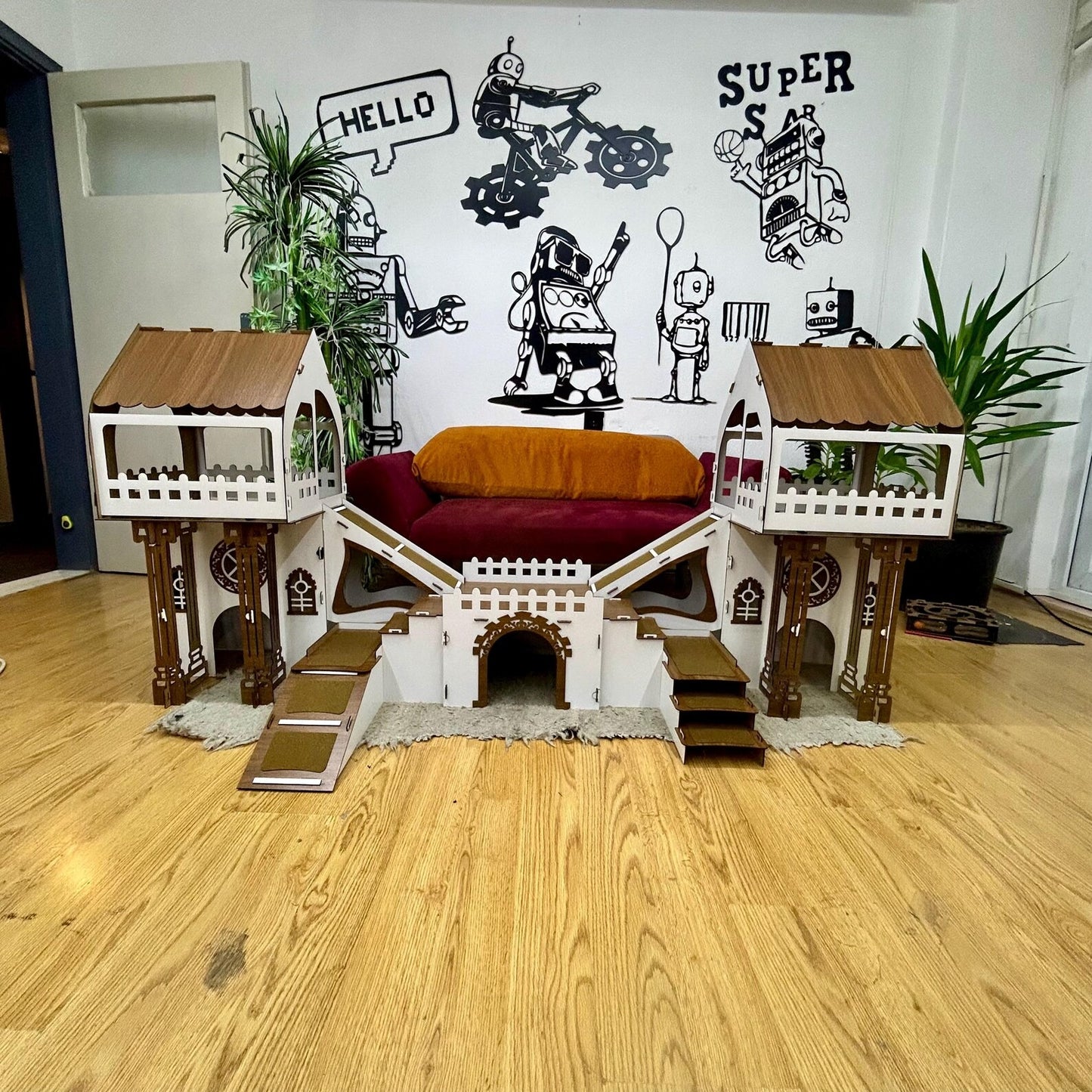 ROOFED Kaninchenstall – 3-stöckiges Hasenhaus mit Holzbrücke & Terrasse für 4 Kaninchen