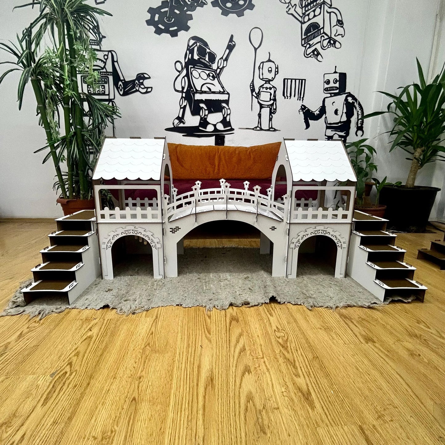 Kaninchenvilla Deluxe – 2 Etagen mit Holzbrücke & 4 Zimmern