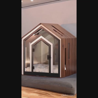 Hundehütte Calmo Walnuss aus Holz mit Kissen & wasserfestem Boden für kleine & große Hunde