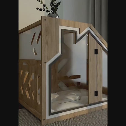 Hundehütte PawLuxe Walnuss Designer aus Holz mit Kissen & wasserfestem Boden für kleine & große Hunde